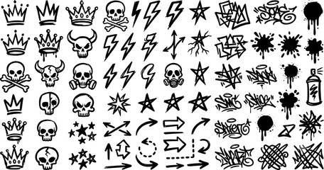Hand Drawn Graffiti Icons Pack – Skull, Crown, Lightning, Spray Paint, Street Art & Arrow Vector Collection © Md Abujafor