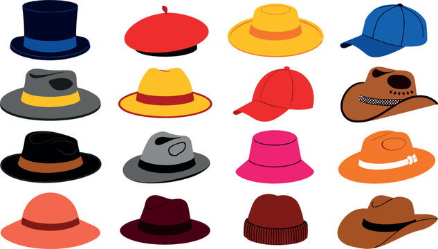 Set of Different Types of Hats Including Top Hat, Beret, Fedora, Cowboy Hat and Baseball Cap Vector Illustration Collection