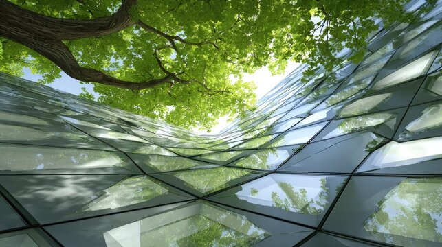 Glass facade reflecting green trees in modern building.