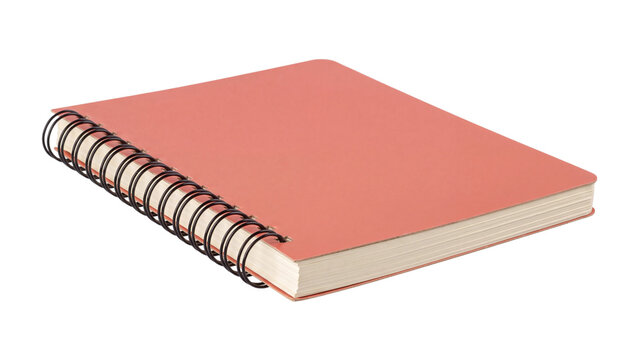 coral bound notebook isolated PNG on transparent background, angled hardcover pad with black metal spiral