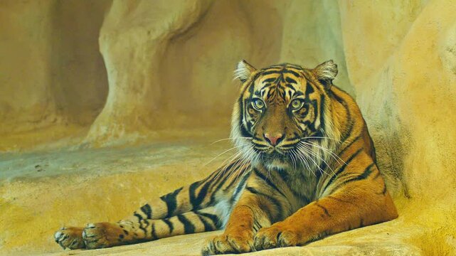 Sumatran Tiger Resting in Zoo Habitat on a Sunny Summer Morning | 4K Wildlife Footage