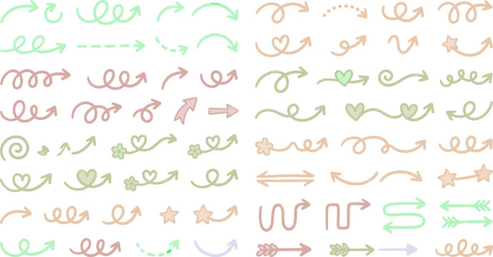 Pastel Hand Drawn Curved Arrows Set &ndash; Cute Doodle Navigation, Flow, Direction & Decorative Vector Collection