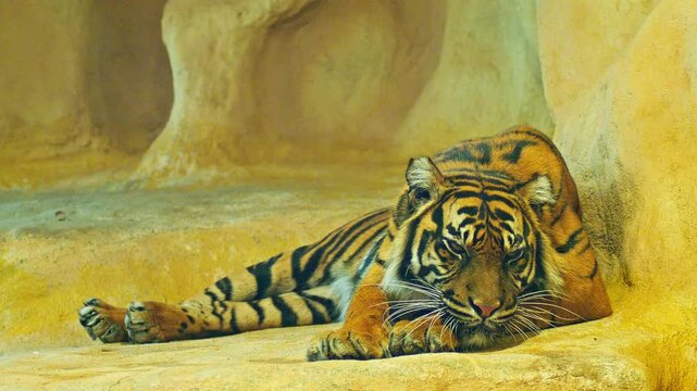 Sumatran Tiger Resting in Zoo Habitat on a Sunny Summer Morning | 4K Wildlife Footage