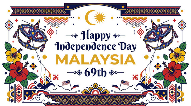 Happy Malaysia Independence Day 69th Anniversary Greeting Banner with Wau Bulan and Hibiscus Flower Illustration