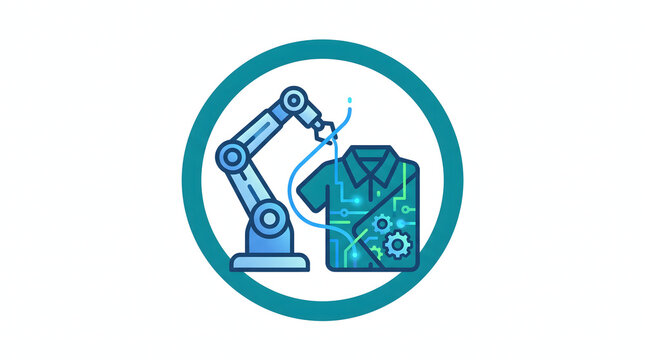 Robotic Arm Manufacturing Smart Clothing Vector, Automated Garment Production and Wearable Tech Icon