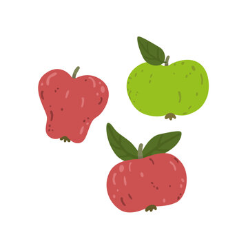 Cute collection of red and green apples in unique whimsical shapes isolated on white background. Fresh organic fruit for harvest and autumn designs. Flat vector illustration.