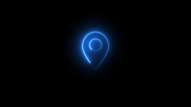 Glowing blue neon map pin icon on a dark black background.
