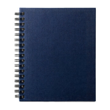 Dark blue speckled spiral notebook with black cover isolated on transparent background