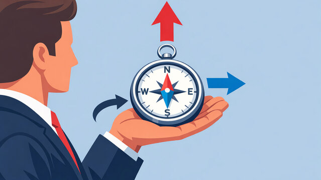 A compass being used by a businessman to navigate career and life direction.
