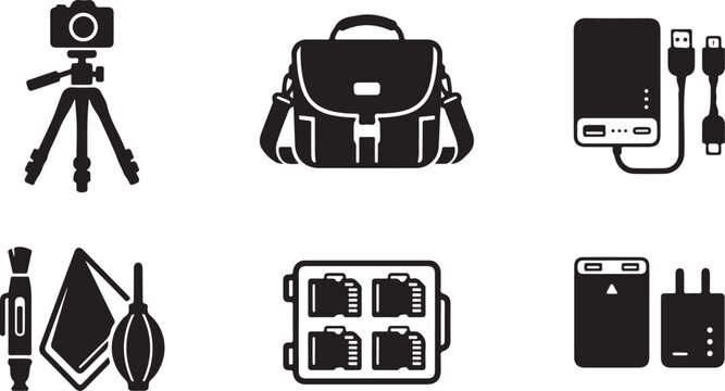 Black and white photography equipment flat pack icons Vector