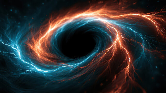 Cosmic Vortex: Dynamic Black Hole with Swirling Blue and Orange Lightning, Energetic Motion for Sci-Fi Designs