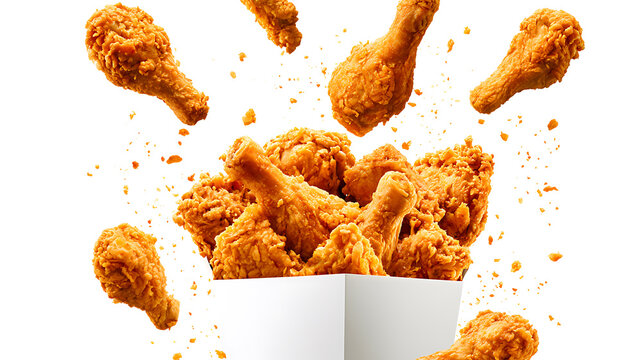 Crispy fried chicken pieces flying out of a white paper bucket isolated on white background