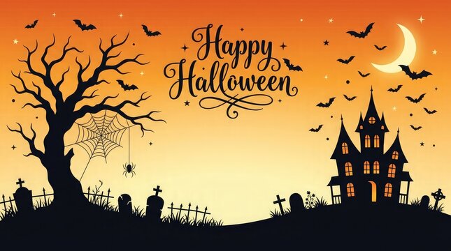 Spooky halloween scene with haunted house bats and graveyard vector illustration
