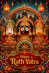 Obraz premium Jagannath rath yatra colorful devotional poster with three deities ornate crowns sacred wheels flowers lanterns and festive rath yatra celebration design artwork