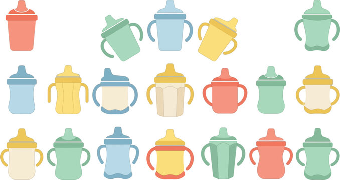 Assorted baby sippy cups with handles in various pastel colors, isolated vector set for infant feeding products.