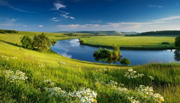 Sommerliche Landschaft Mit Wiesen Und Fluss