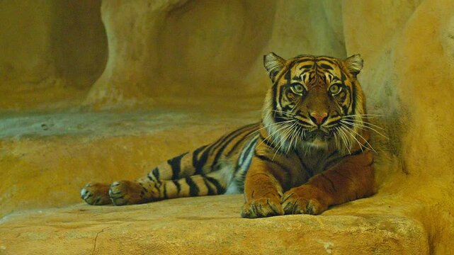 Sumatran Tiger Resting in Zoo Habitat on a Sunny Summer Morning | 4K Wildlife Footage
