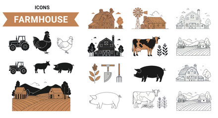 Rustic farmhouse and livestock icon set with barns and tractors © Kandang