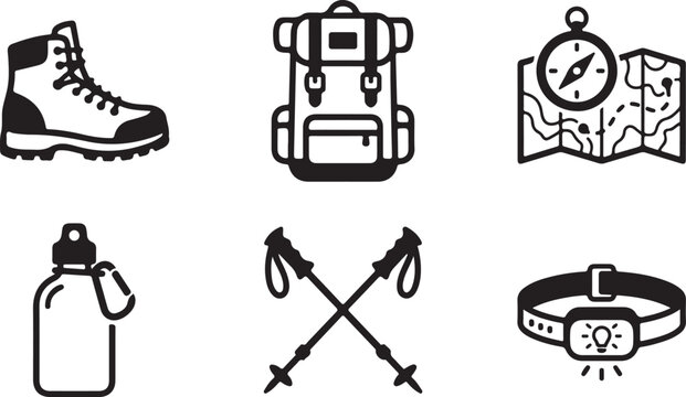 Hiking essentials icon set with backpack hiking boots water bottle compass trekking poles watch Vector