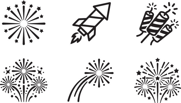 Set of six fireworks and rocket icons for celebration design Vector