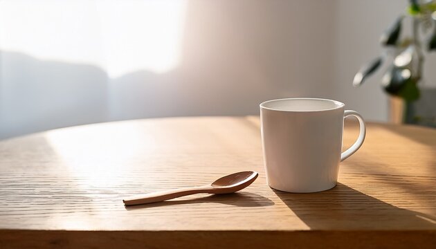 Minimalist Coffee Mug And Spoon On Wooden Table With Morning Light