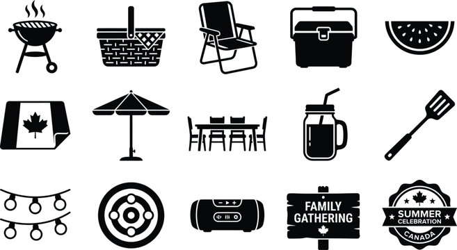 Canadian summer silhouette icons bbq picnic and outdoor leisure collection for holiday graphics and designs