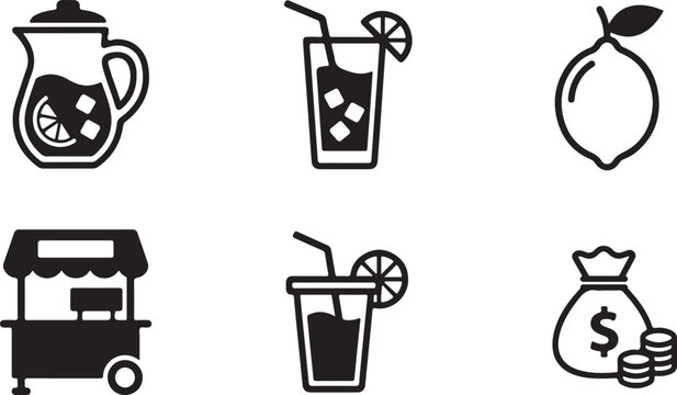 Black and white lemonade icons set with pitcher, glass, lemon, cart and money bag Vector