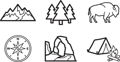 Set of six camping and nature icons including mountains, trees, bison, compass, rocks, and tent Vector © Runa