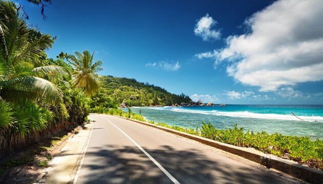 Sunny Oceanside Road On La Digue Seychelles