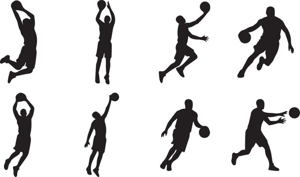 Set of basketball player silhouettes in various dynamic action poses isolated on a plain white background for sports