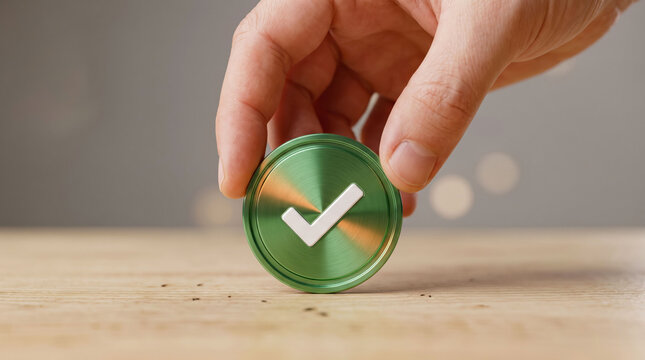 Green checkmark coin held by hand on wooden table, quality assurance symbol for business approval, metallic validation icon for success and compliance