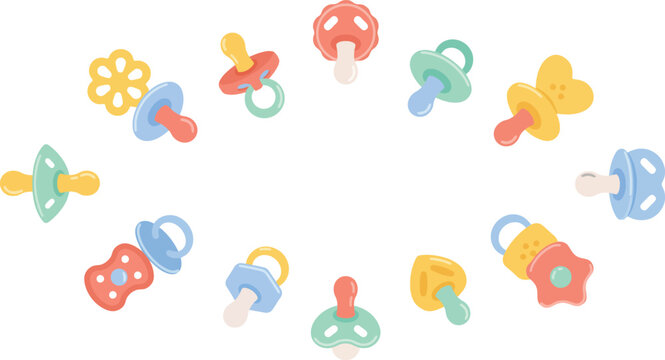 Circular arrangement of baby pacifiers in soft pastel tones, flat vector illustration for nursery decor