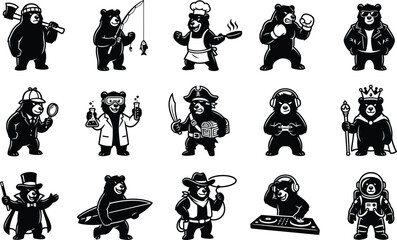 Naklejka premium Bear silhouette collection diverse professions and roles mascot designs for branding and graphic projects