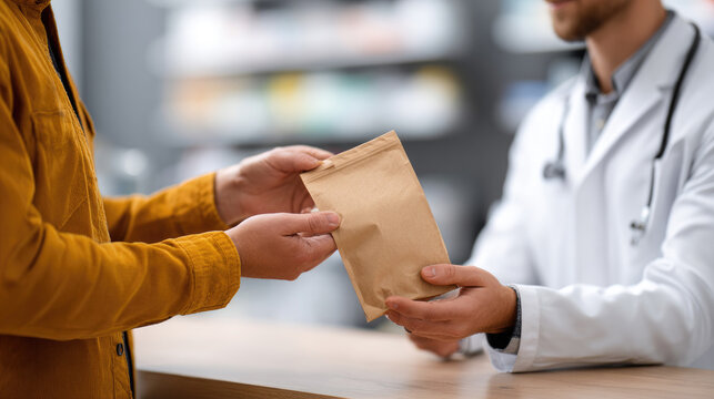 Pharmacist handing over medication in a brown paper bag to a patient or customer, ensuring health and treatment at the pharmacy counter