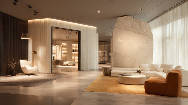 luxurious and ultra modern minimalist living room interior design showcasing a massive raw stone accent wall elegant white sectional sofa sophisticated warm lighting and spacious lounge area