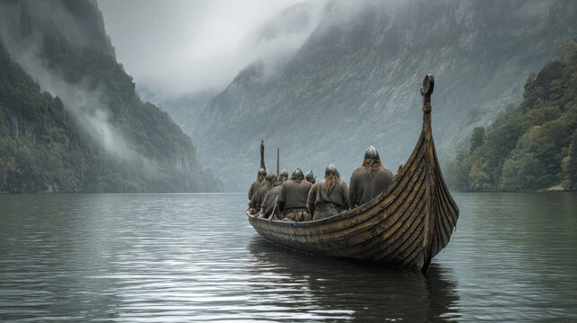 dramatic cinematic shot of historical viking warriors rowing a traditional wooden longship down a misty scandinavian fjord surrounded by epic steep mountains and mysterious dense fog atmosphere