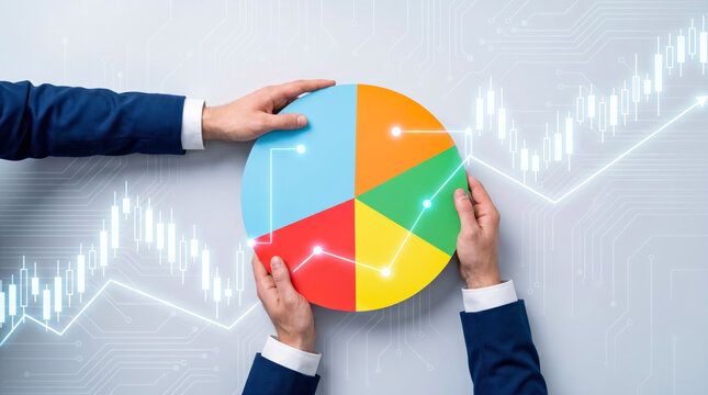 Hands holding colorful pie chart with stock market graph background