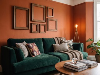Fototapeta premium Cozy living room with dark green velvet sofa and terracotta walls home decor coffee table interior design