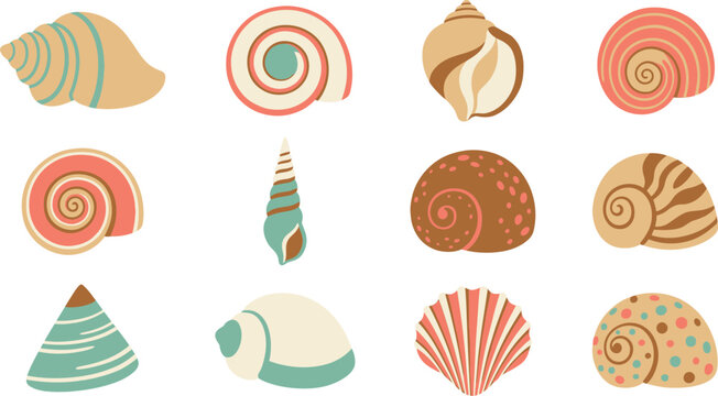 Collection of colorful spiral seashells and conch shells isolated on white background for marine themed graphics