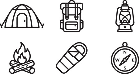 Simple camping essentials icon set with tent backpack lantern fire sandals compass Vector © Runa
