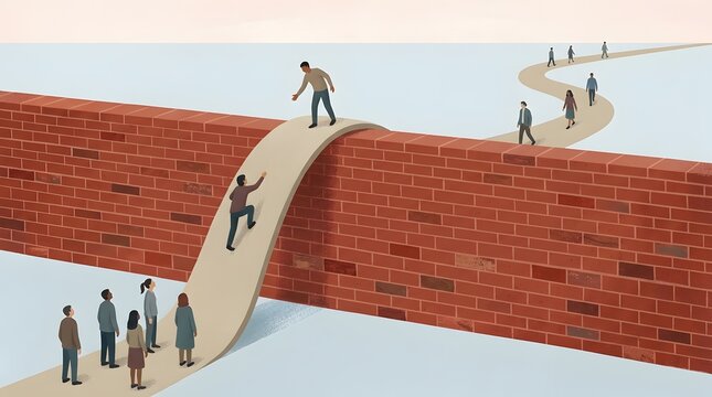 Overcoming obstacles concept with red brick wall blocking winding pathway and people climbing over barrier to continue journey toward success