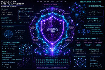 Fototapeta premium Post-Quantum Cryptographic Shield, Decentralized Cyber Security Neural Grid with Shor Algorithm Equations Concept Art 