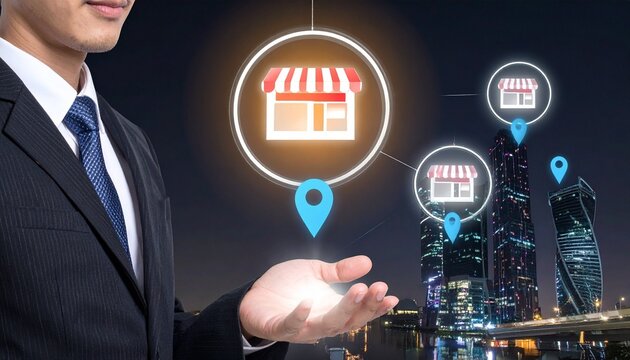 Business professional holding glowing storefront icon with cityscape background symbolizing franchise management retail growth and digital mapping