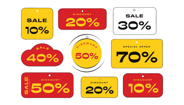 bundle Sale labels Discount tags with percent set 10,20,30,40,50,70, red, yellow, white background. vector