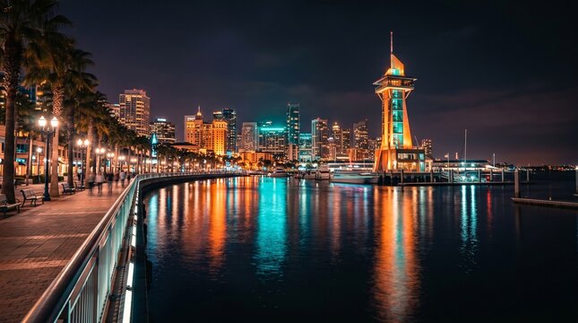 Breathtaking night skyline of vibrant coastal city with towering architecture glowing lights reflecting on calm harbor water along paved waterfront promenade walkway.
