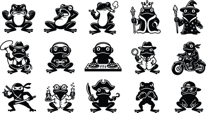Playful frog character silhouettes diverse professions and costumes for creative design projects