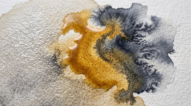 Abstract Artistic Watercolor Texture Featuring A Harmonious Blend Of Earthy Golden Ocher And Deep Charcoal Gray Pigments That Create A Fluid Organic Cloud Pattern On Textured White Paper Canvas