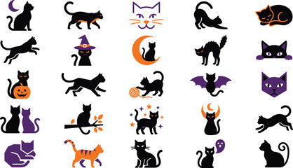 Fototapeta premium Halloween cat icons symbols for oct 31 celebrations vector graphics collection