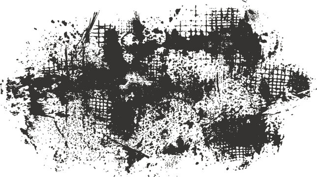 Black grunge ink splatter and mesh texture on white background. Flat vector EPS 10.