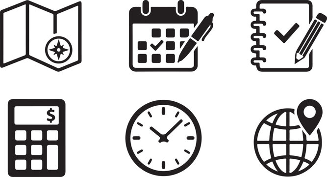 Six flat icons representing travel planning and organization Vector